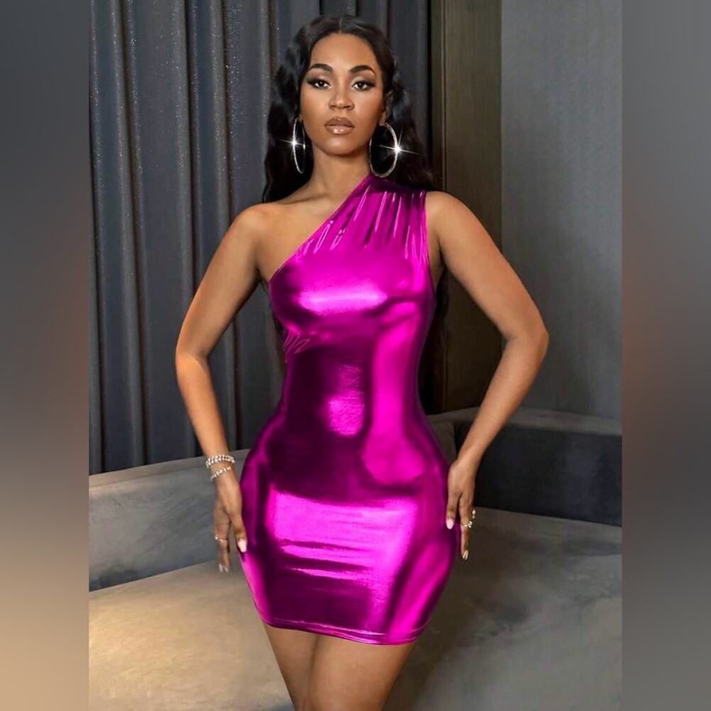 SOLD BOUTIQUE Metallic Bodycon Asymmetrical Fuchsia Dress Sz M - Picture 4 of 4